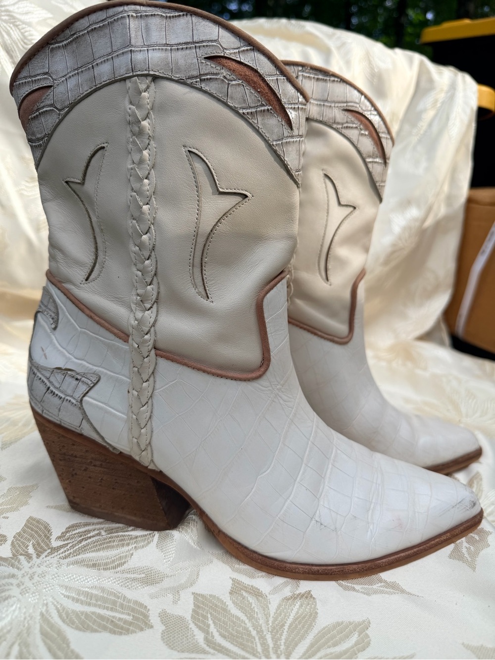 Women’s White Leather Croc-Texture Western Boots with Braided Trim
